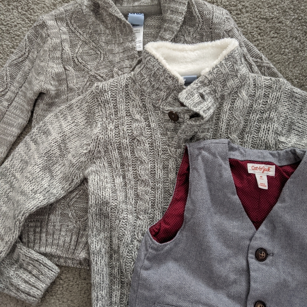 Bundle of boys 4t sweaters (2) and vest (1)
